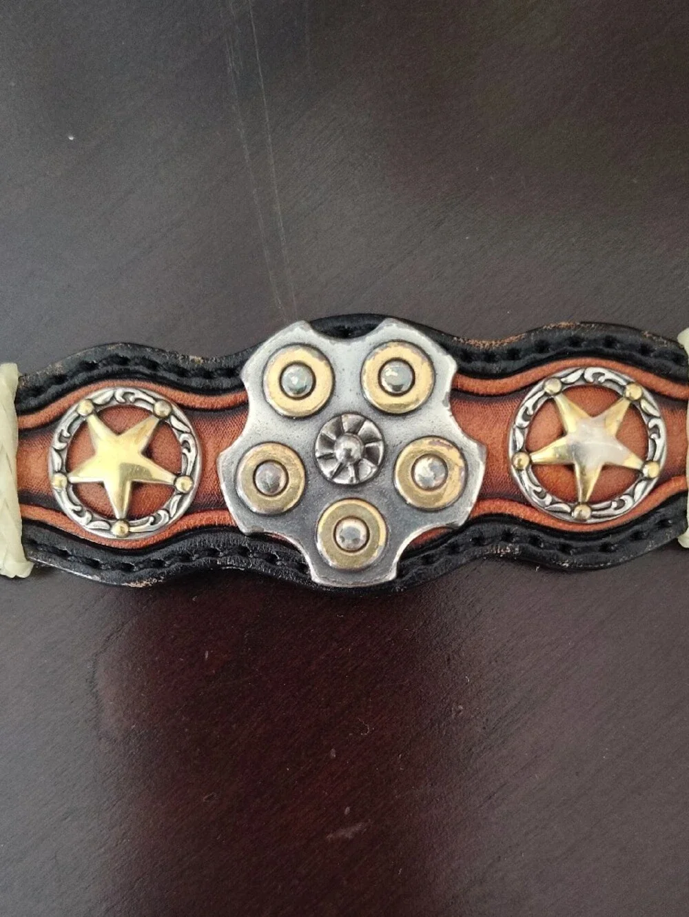 Men's Brown Tooled Leather Western Belt with Decorative Silver Buckle